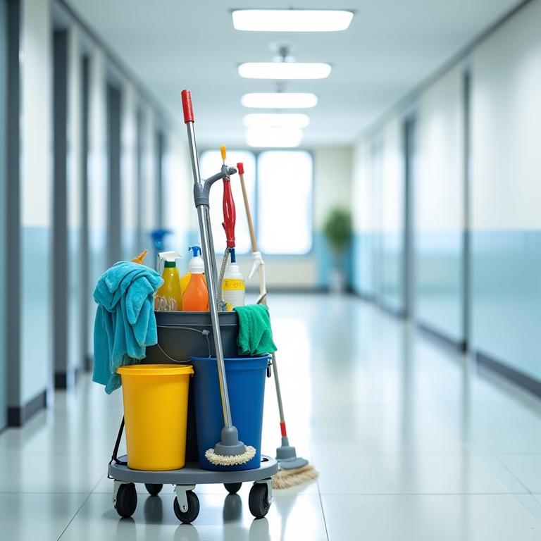 Janitorial supplies and equipment in a clean hallway